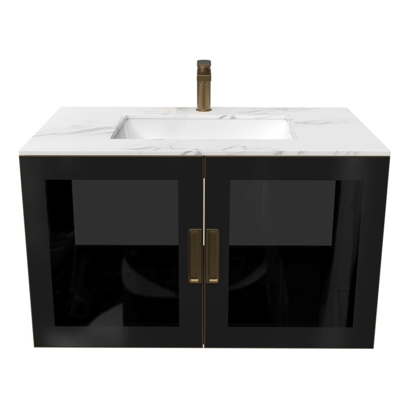 Pemberly Row Wall Mounted Blue Vanity Set w/ White Porcelain Top-Gold Handles