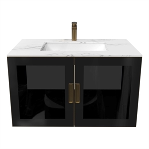 Pemberly Row Wall Mounted Blue Vanity Set w/ White Porcelain Top-Gold Handles