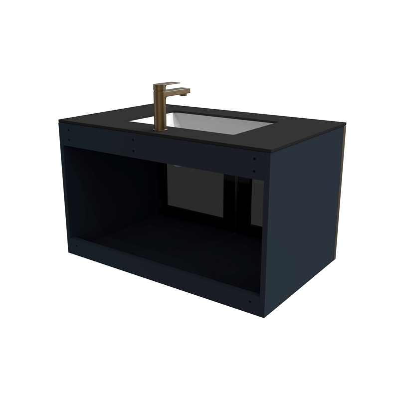 Pemberly Row Wall Mounted Blue Vanity Set w/ Black Porcelain Top-Gold Handles