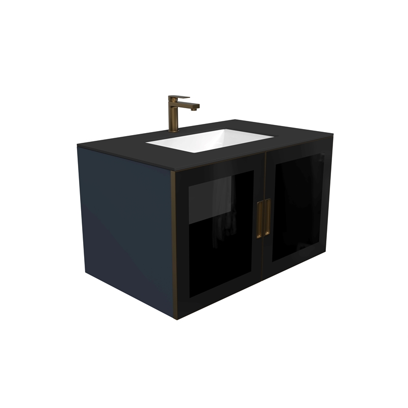 Pemberly Row Wall Mounted Blue Vanity Set w/ Black Porcelain Top-Gold Handles