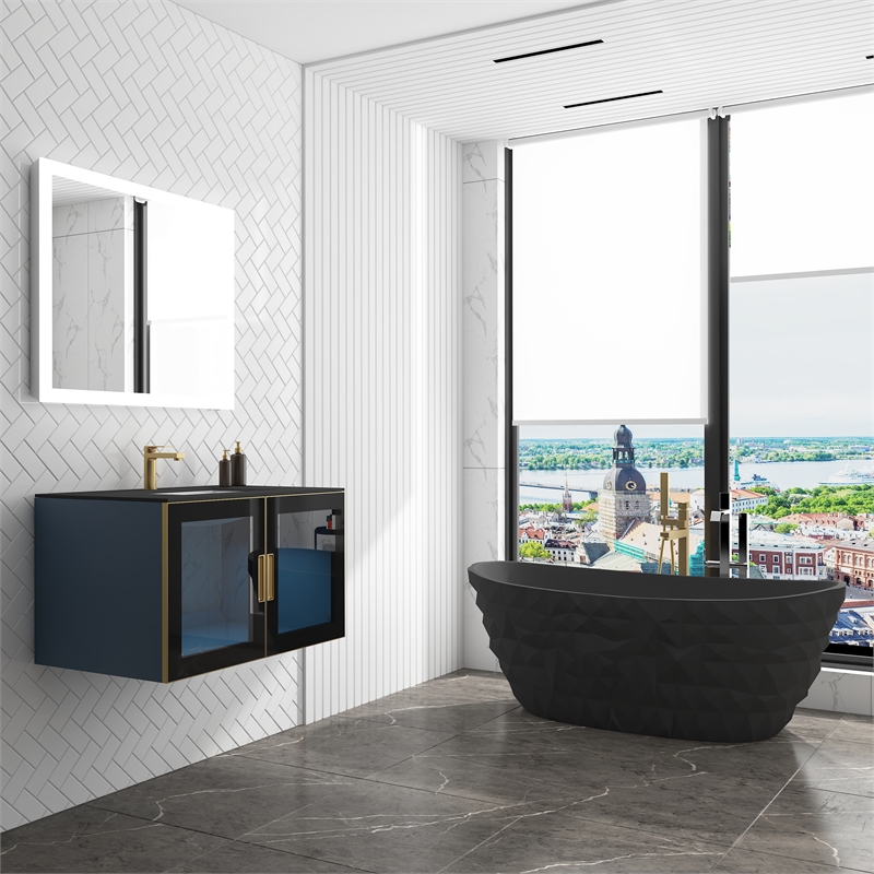 Pemberly Row Wall Mounted Blue Vanity Set w/ Black Porcelain Top-Gold Handles