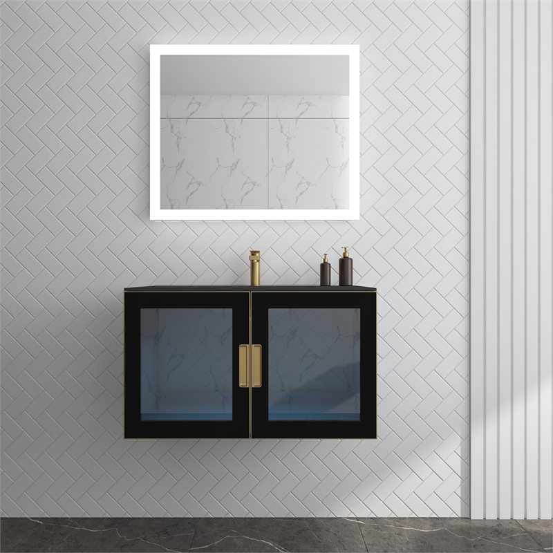 Pemberly Row Wall Mounted Blue Vanity Set w/ Black Porcelain Top-Gold Handles