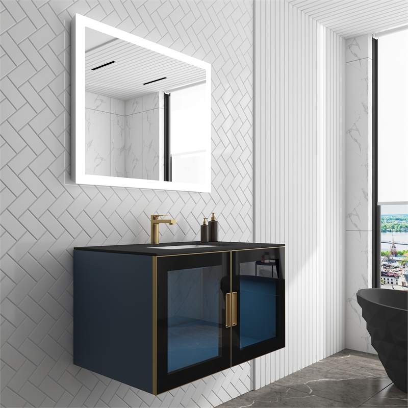 Pemberly Row Wall Mounted Blue Vanity Set w/ Black Porcelain Top-Gold Handles