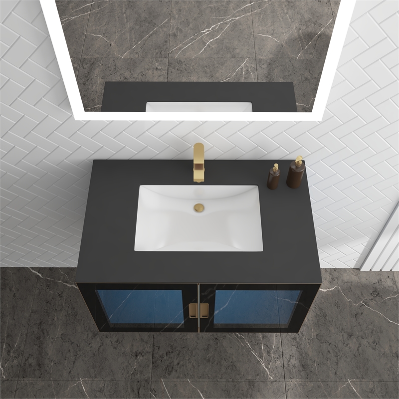 Pemberly Row Wall Mounted Blue Vanity Set w/ Black Porcelain Top-Gold Handles