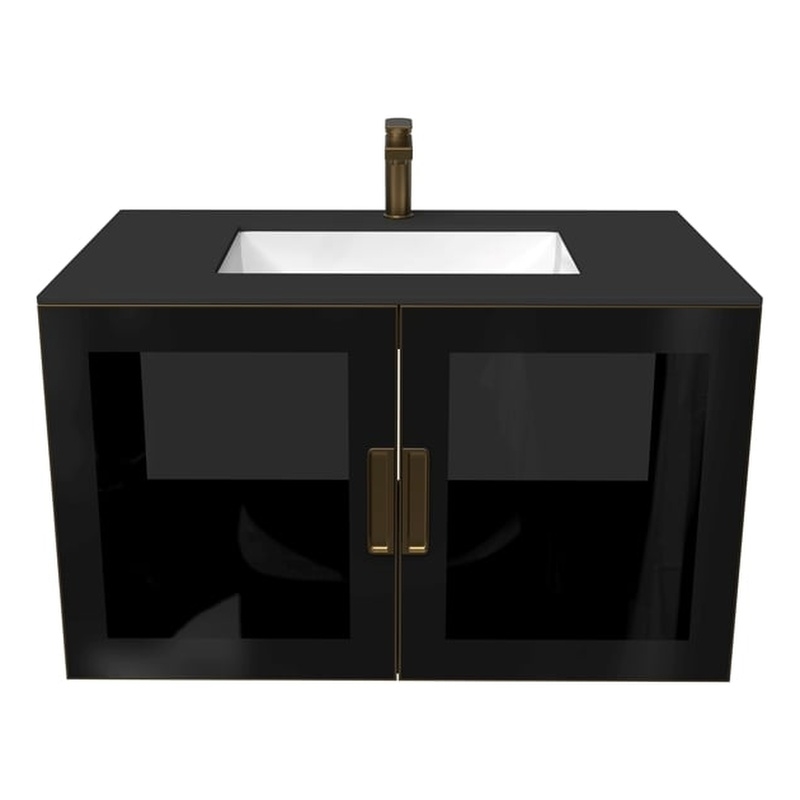 Pemberly Row Wall Mounted Blue Vanity Set w/ Black Porcelain Top-Gold Handles