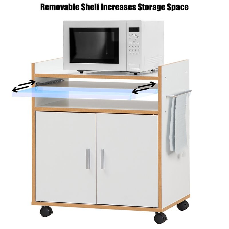 Pemberly Row Wood Kitchen Trolley Microwave Cart with Removable Shelf in White