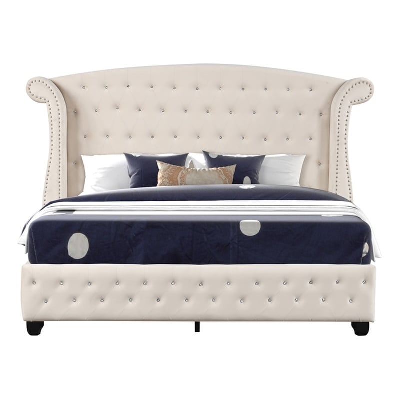 Pemberly Row Crystal Tufted 4PC Vanity Full Bedroom Set in Cream made with Wood