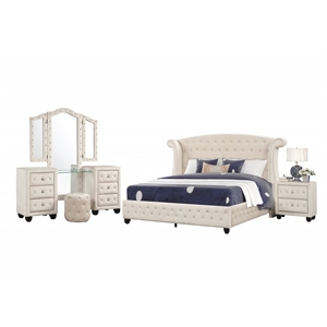Pemberly Row Crystal Tufted 4PC Vanity Full Bedroom Set in Cream made with Wood
