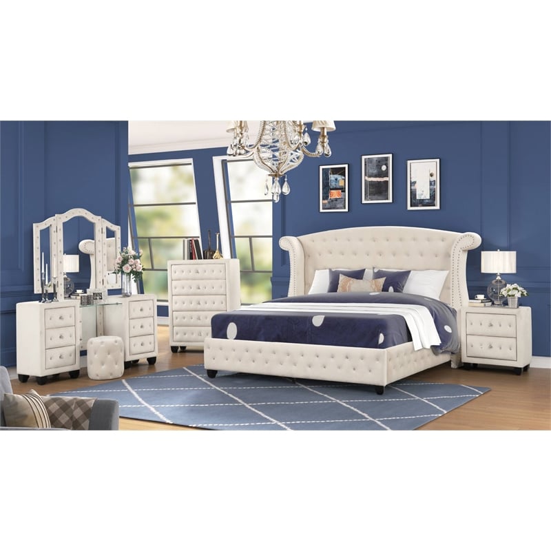 Pemberly Row Crystal Tufted 4PC Vanity Full Bedroom Set in Cream made with Wood