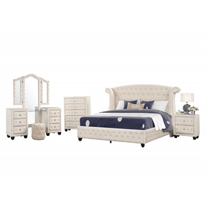 Pemberly Row Crystal Tufted 5PC Vanity Full Bedroom Set in Cream made with Wood