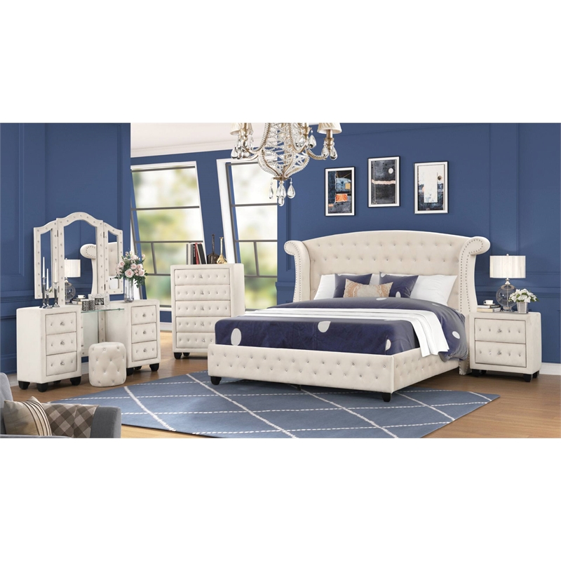 Pemberly Row Crystal Tufted 5PC Vanity Full Bedroom Set in Cream made with Wood