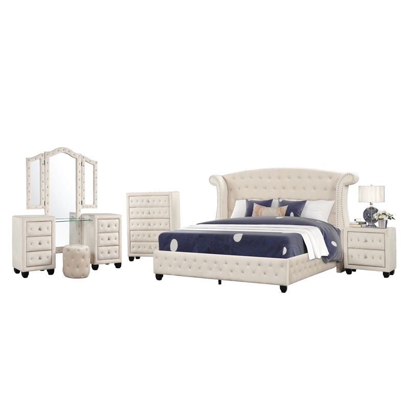 Pemberly Row Crystal Tufted 5PC Vanity King Bedroom Set in Cream made with Wood