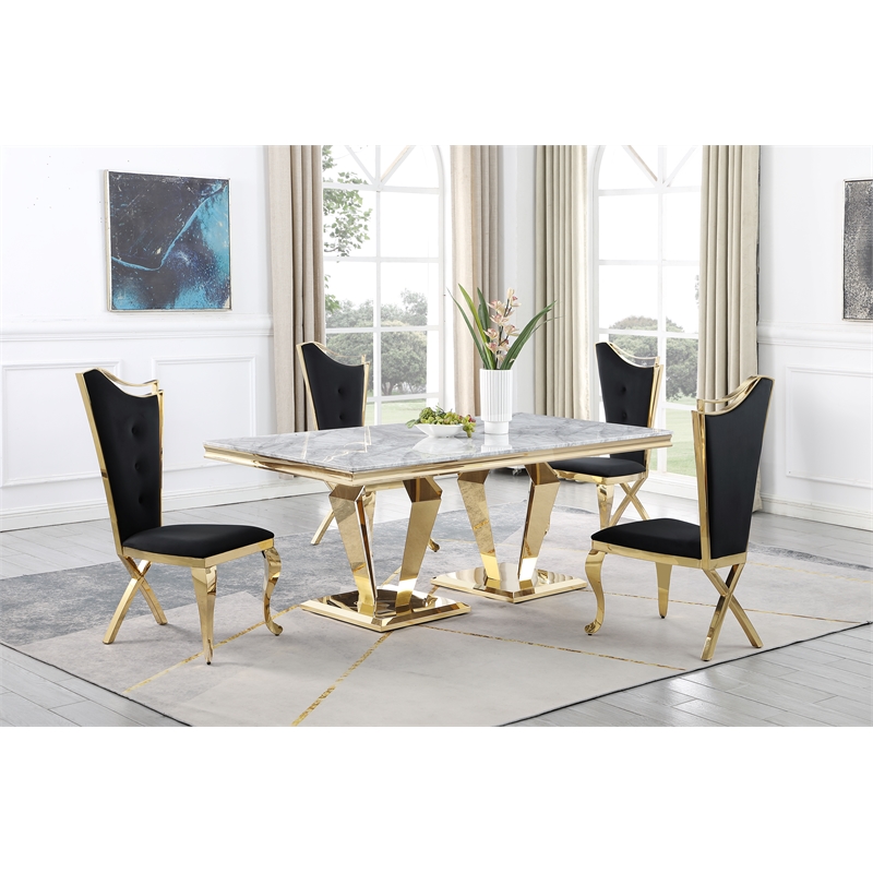 Pemberly Row Crownie Gold Faux Marble Pedestal Rectangle Dining Table (Seats 6)