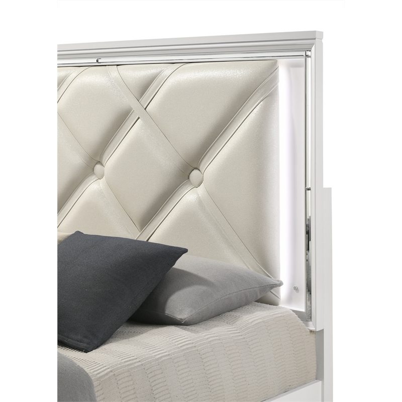 Pemberly Row Prism King Bed Modern Design w/ LED lights Made of Wood-White Color
