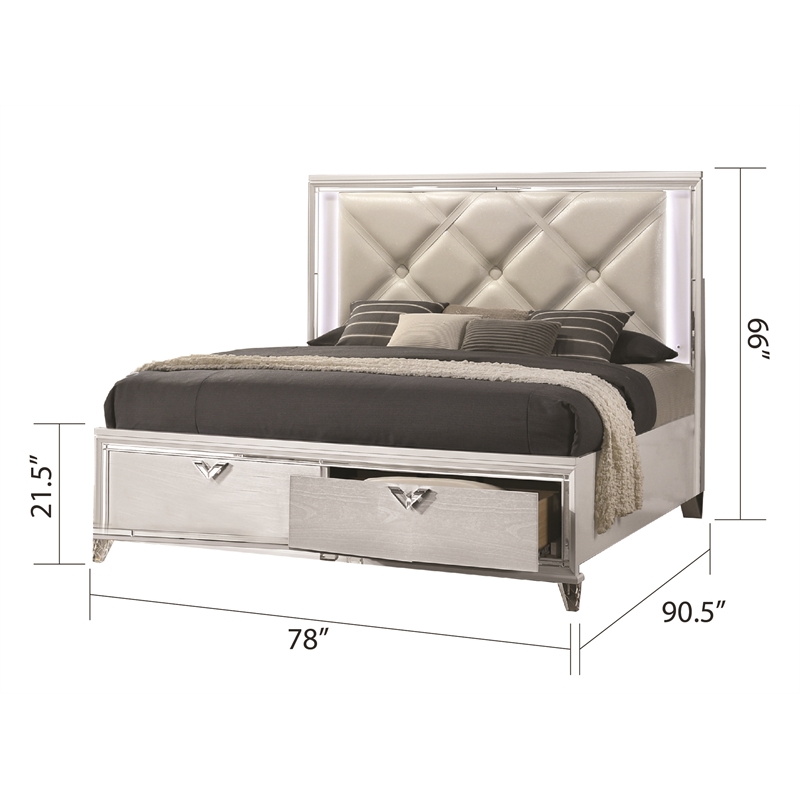Pemberly Row Prism King Bed Modern Design w/ LED lights Made of Wood-White Color