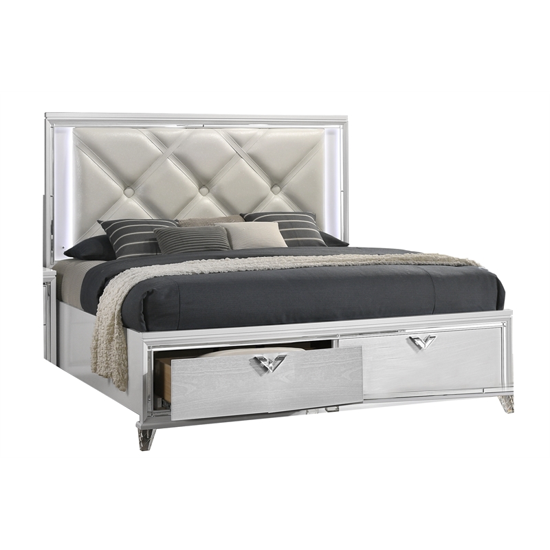 Pemberly Row Prism King Bed Modern Design w/ LED lights Made of Wood-White Color