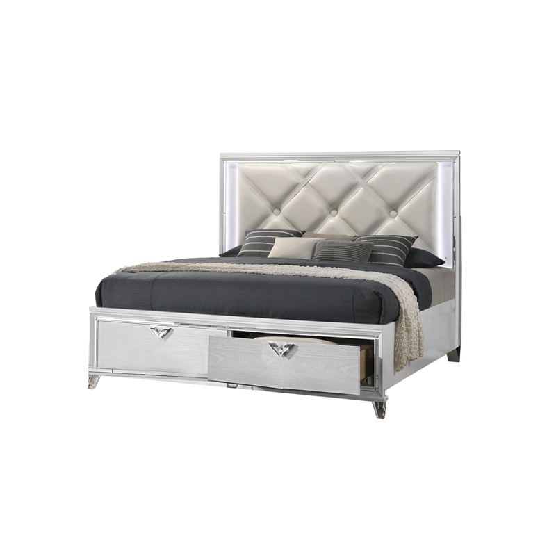 Pemberly Row Prism King Bed Modern Design w/ LED lights Made of Wood-White Color