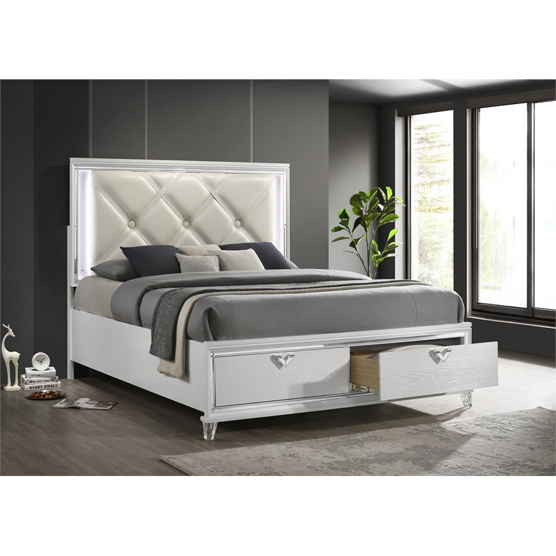 Pemberly Row Prism King Bed Modern Design w/ LED lights Made of Wood-White Color