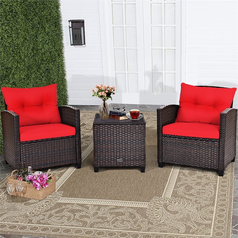 Pemberly Row 3-piece Rattan Patio Furniture Set with Back & Seat Cushion in Red