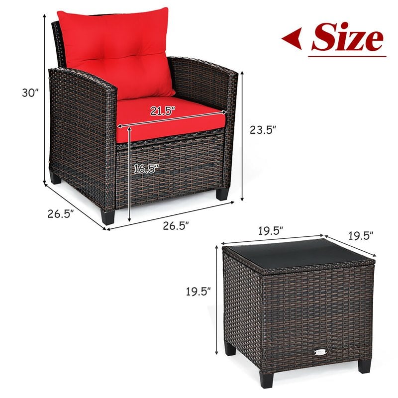 Pemberly Row 3-piece Rattan Patio Furniture Set with Back & Seat Cushion in Red