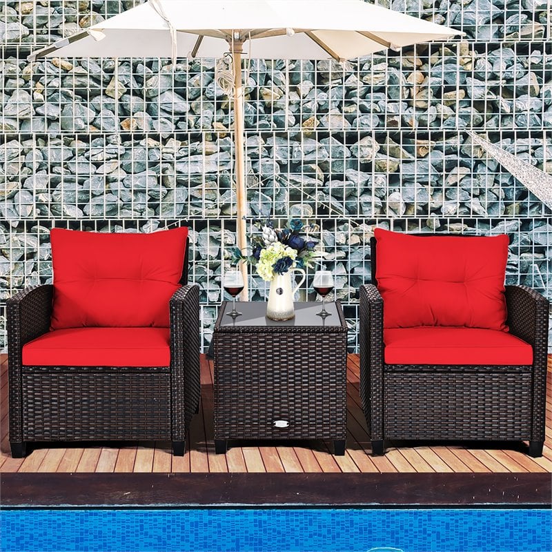 Pemberly Row 3-piece Rattan Patio Furniture Set with Back & Seat Cushion in Red