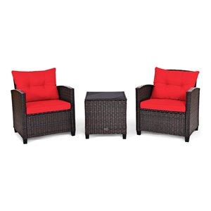 Pemberly Row 3-piece Rattan Patio Furniture Set with Back & Seat Cushion in Red