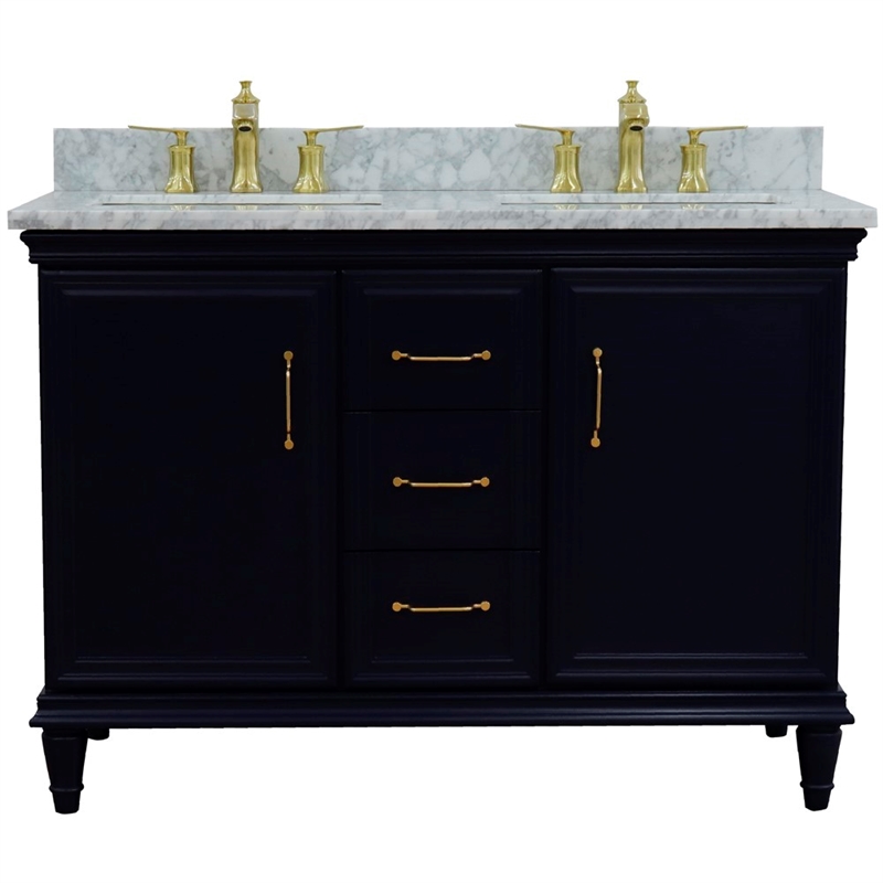 Pemberly Row 49 in. Double Wooden Vanity Blue with White Carrara Rectangle Sink