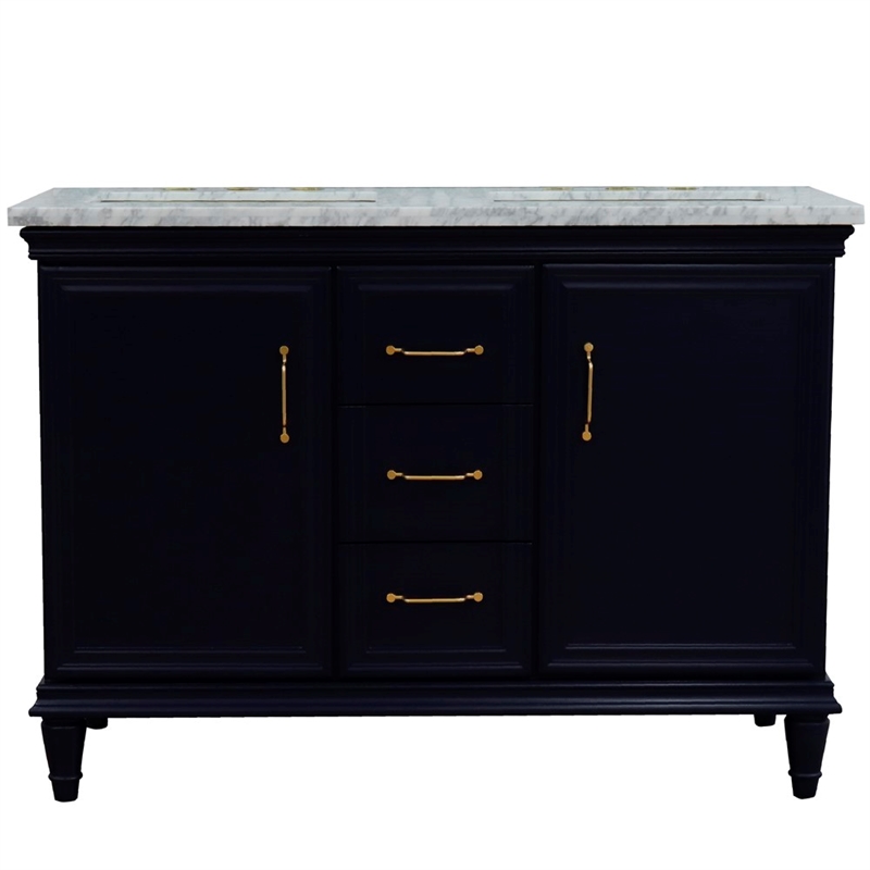 Pemberly Row 49 in. Double Wooden Vanity Blue with White Carrara Rectangle Sink