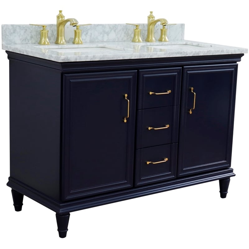 Pemberly Row 49 in. Double Wooden Vanity Blue with White Carrara Rectangle Sink