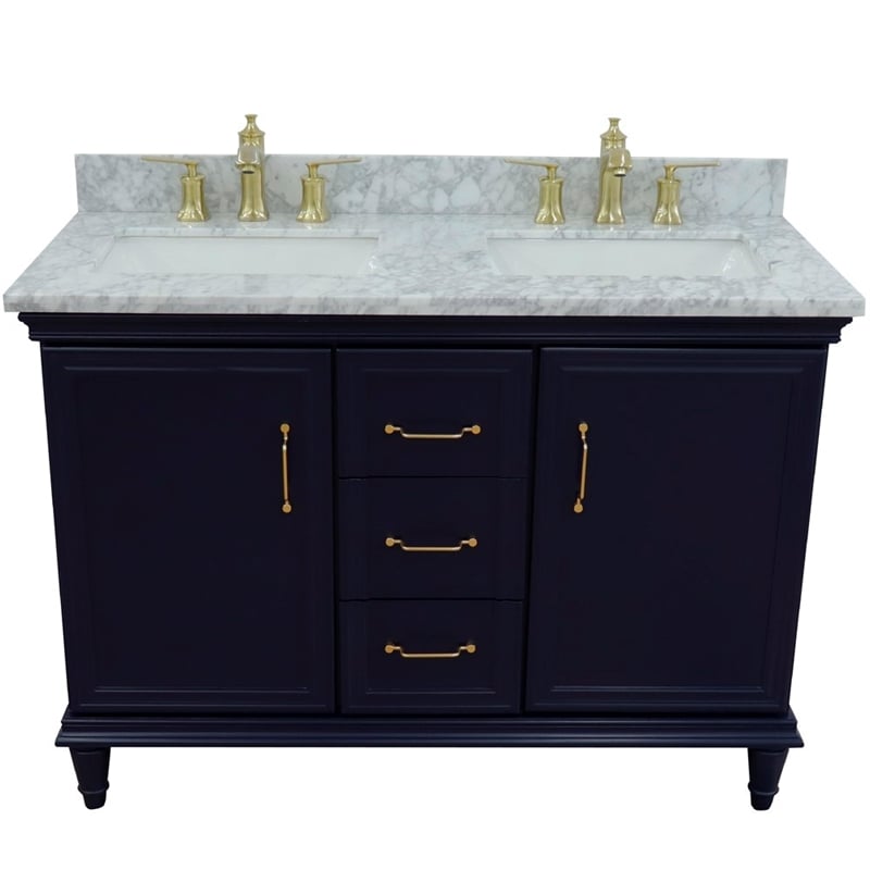 Pemberly Row 49 in. Double Wooden Vanity Blue with White Carrara Rectangle Sink