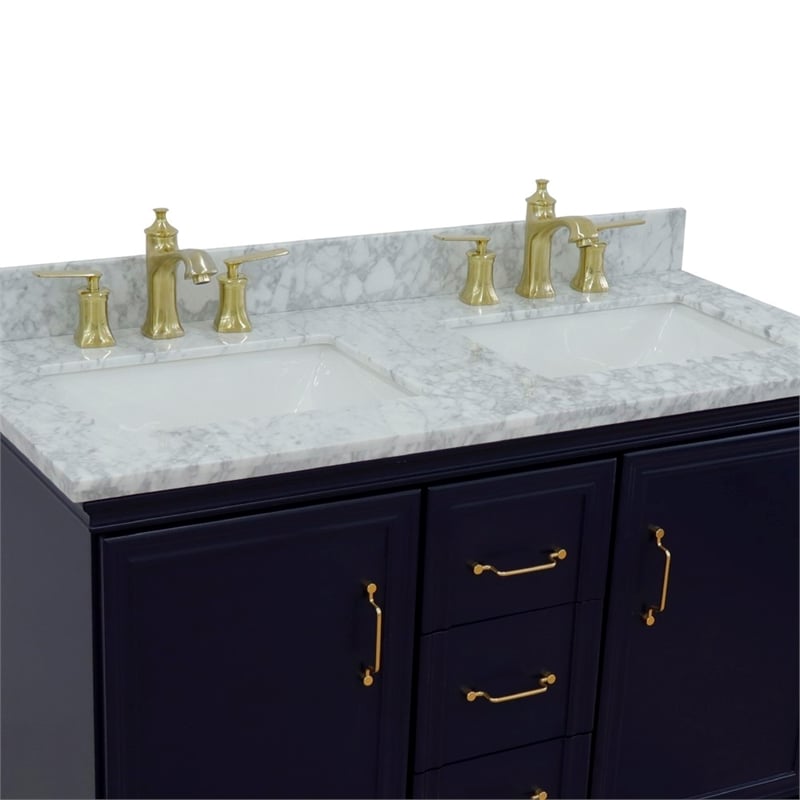 Pemberly Row 49 in. Double Wooden Vanity Blue with White Carrara Rectangle Sink