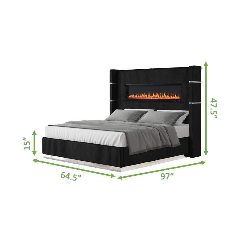 Pemberly Row Upholstery Wooden Queen Bed w/ Ambient lighting-Black Velvet Finish