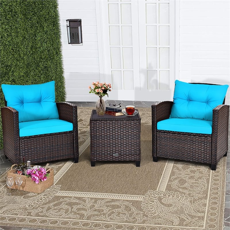 Pemberly Row 3-piece Rattan Patio Furniture Set w/ Back & Seat Cushion-Turquoise