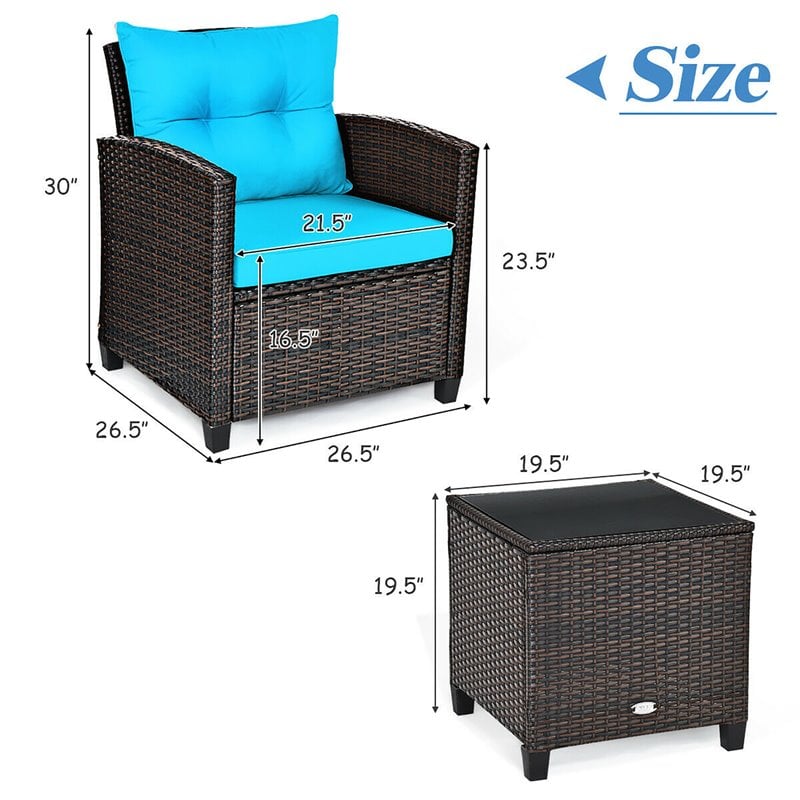 Pemberly Row 3-piece Rattan Patio Furniture Set w/ Back & Seat Cushion-Turquoise