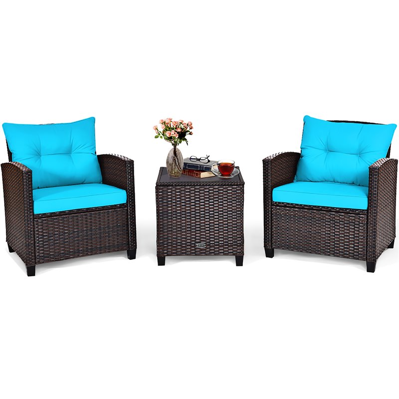 Pemberly Row 3-piece Rattan Patio Furniture Set w/ Back & Seat Cushion-Turquoise