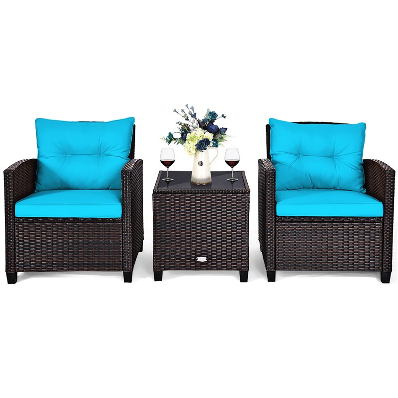 Pemberly Row 3-piece Rattan Patio Furniture Set w/ Back & Seat Cushion-Turquoise
