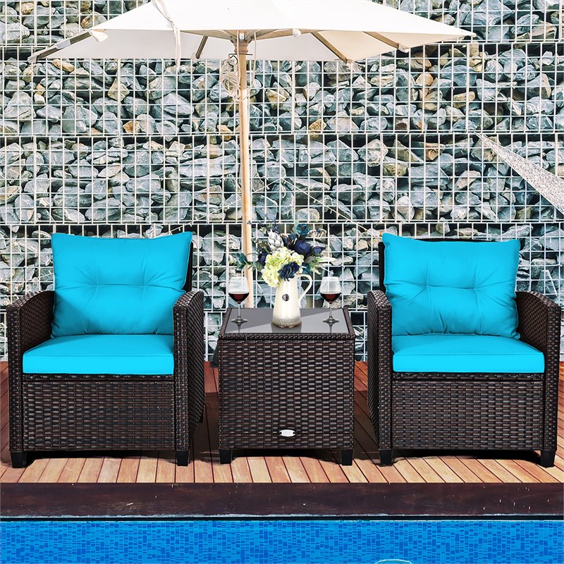 Pemberly Row 3-piece Rattan Patio Furniture Set w/ Back & Seat Cushion-Turquoise