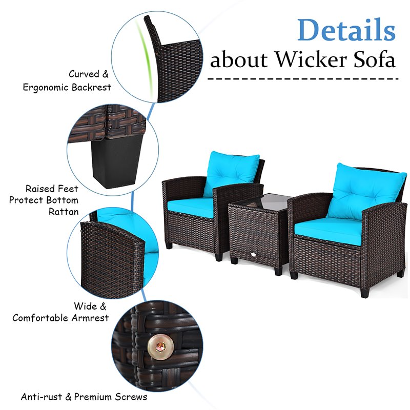 Pemberly Row 3-piece Rattan Patio Furniture Set w/ Back & Seat Cushion-Turquoise