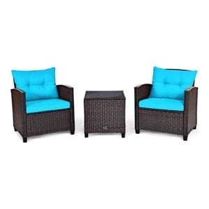 Pemberly Row 3-piece Rattan Patio Furniture Set w/ Back & Seat Cushion-Turquoise