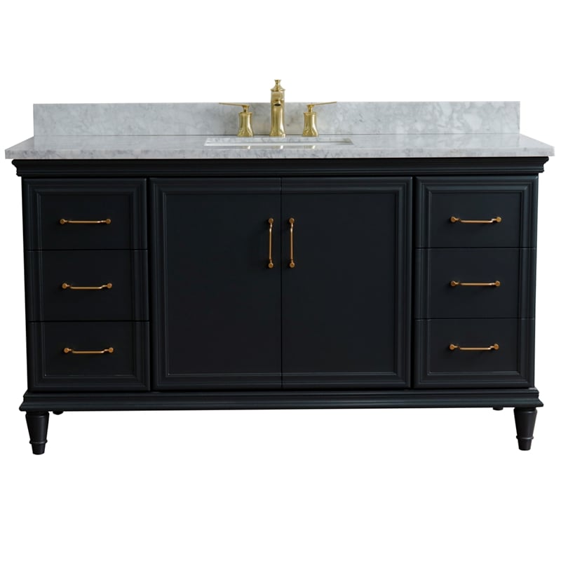 Pemberly Row Single Wooden Vanity Gray White Carrara Marble Rectangle Sink