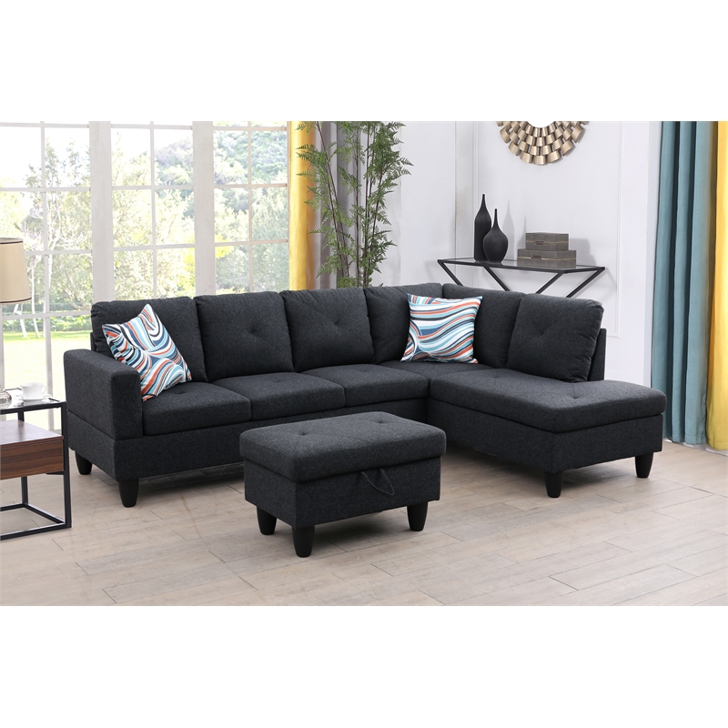 Pemberly Row L Shaped Black Gray Couch with Ottoman(Pillows Included) Microfiber