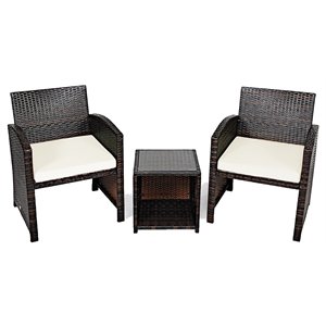 Pemberly Row 3-piece Patio Rattan/Wicker Sofas and Coffee Table in White Cushion