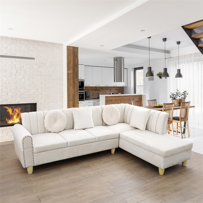 Pemberly Row 2Piece Sectional Microfiber White color L shape Elegant sofa pillow