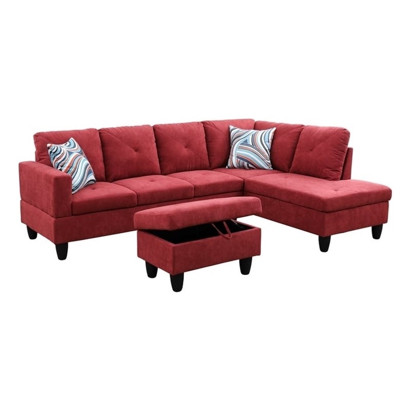 Pemberly Row L Shaped Red Couch w/ Storage Ottoman(Pillows Included) Microfiber