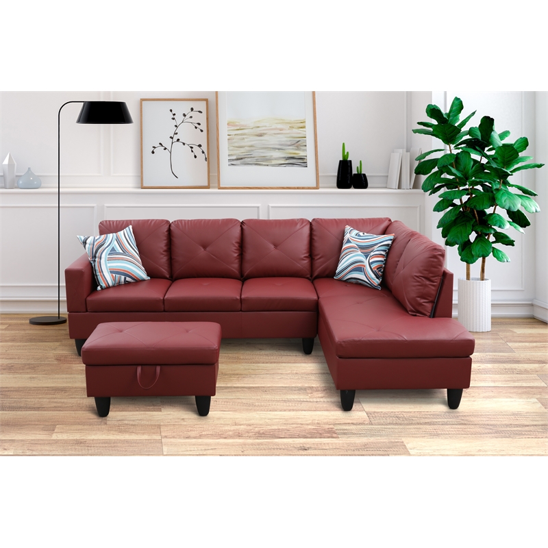 Pemberly Row L Shaped Red Couch w/ Storage Ottoman(Pillows Included) Microfiber