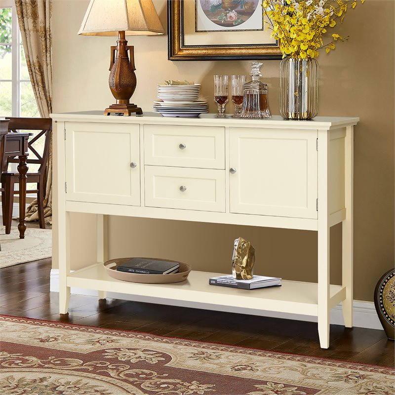 Pemberly Row MDF & Pine Wood Sideboard w/ Drawers & Storage Cabinets in Beige