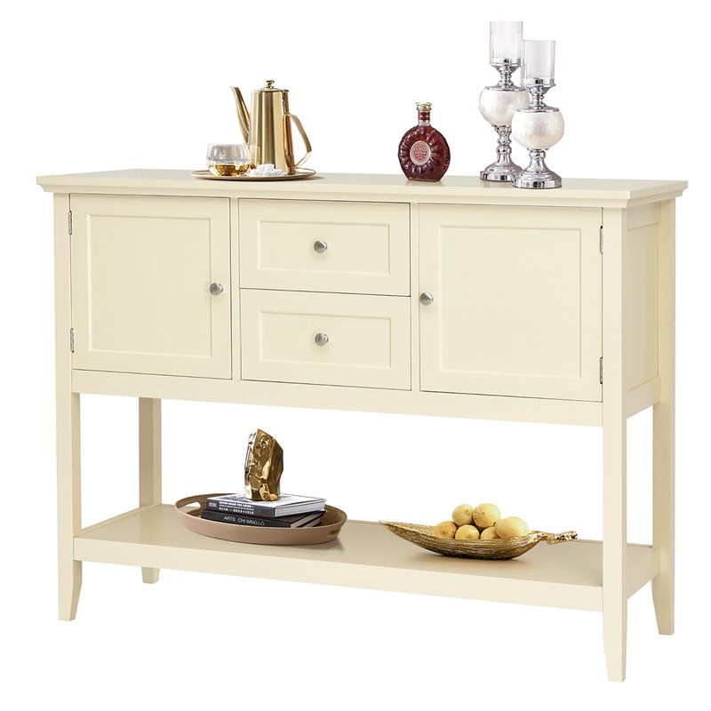 Pemberly Row MDF & Pine Wood Sideboard w/ Drawers & Storage Cabinets in Beige