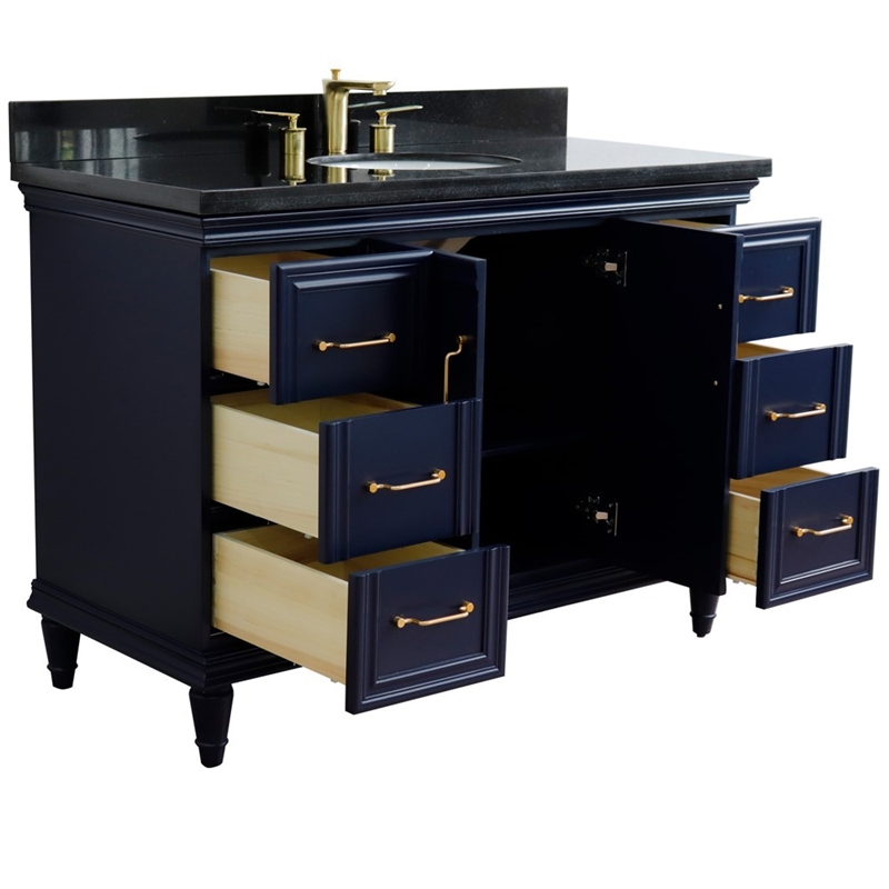 Pemberly Row 49 in. Single Wooden Vanity Blue w/ Black Galaxy Granite Oval Sink