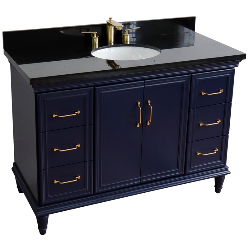 Pemberly Row 49 in. Single Wooden Vanity Blue w/ Black Galaxy Granite Oval Sink