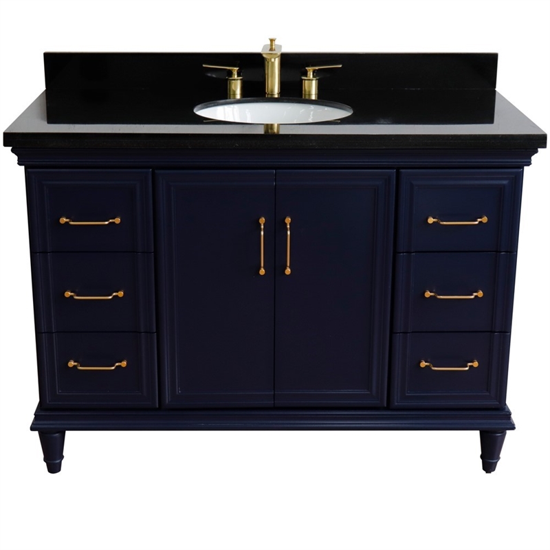 Pemberly Row 49 in. Single Wooden Vanity Blue w/ Black Galaxy Granite Oval Sink